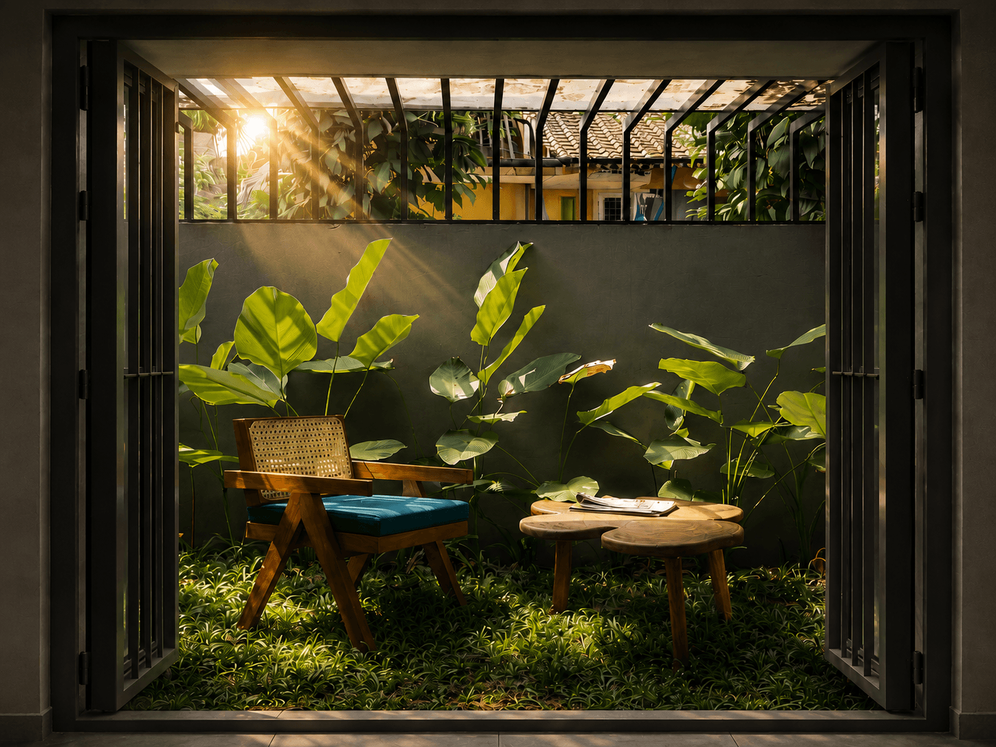 Neelolpalam courtyard with lush tropical plants and sunlight streaming through glass ceiling